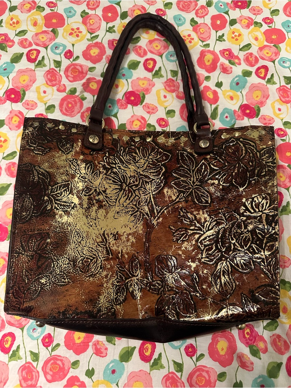 Metallic Brown Floral Embossed Tote Bag